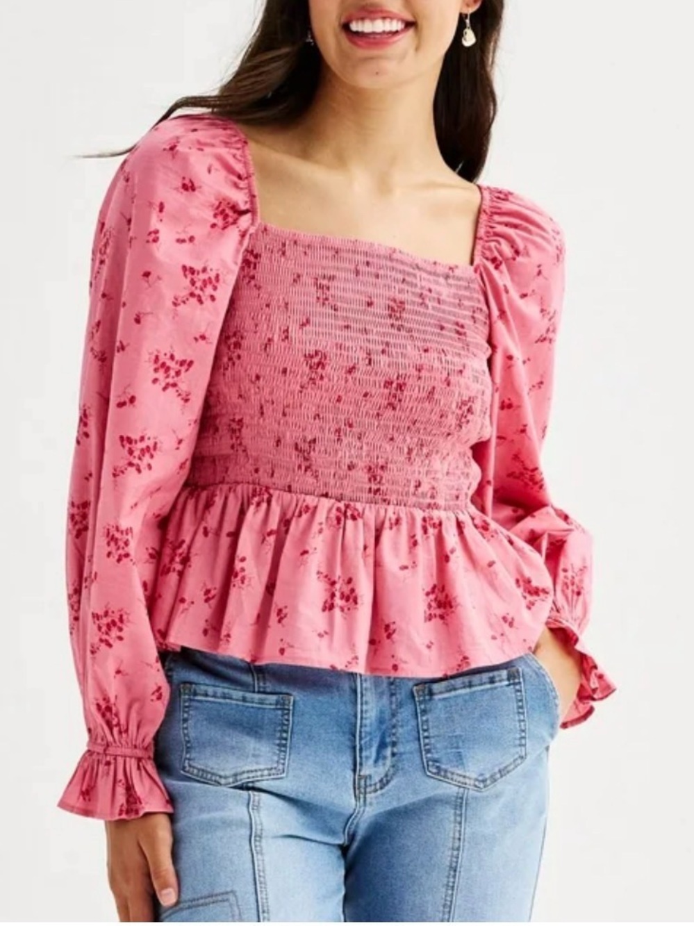 Dizzy Lizzy Pink Red Ditsy Floral Smocked Square Neck Babydoll Top Puff Sleeve